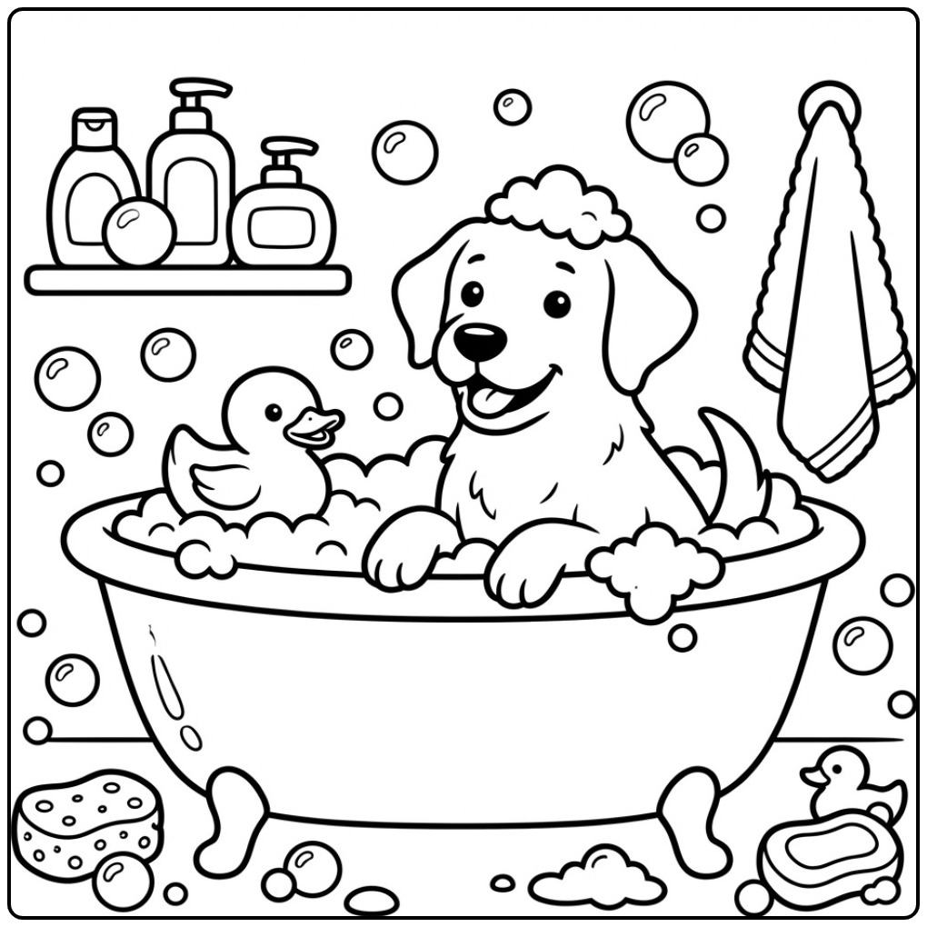 Een vrolijke kleurplaat labrador die een schuimbad neemt.