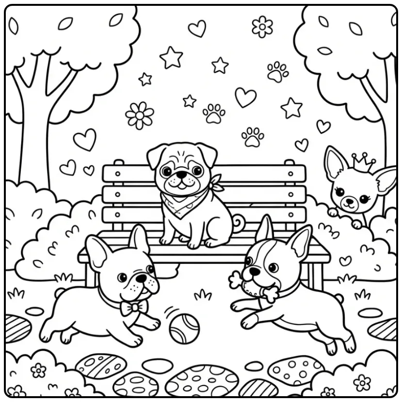 Vrolijke honden kleurplaat met pups bij een parkbankje.