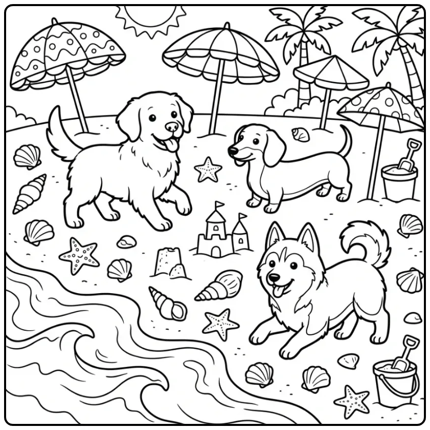 Een schattige honden kleurplaat met drie rassen op het strand.