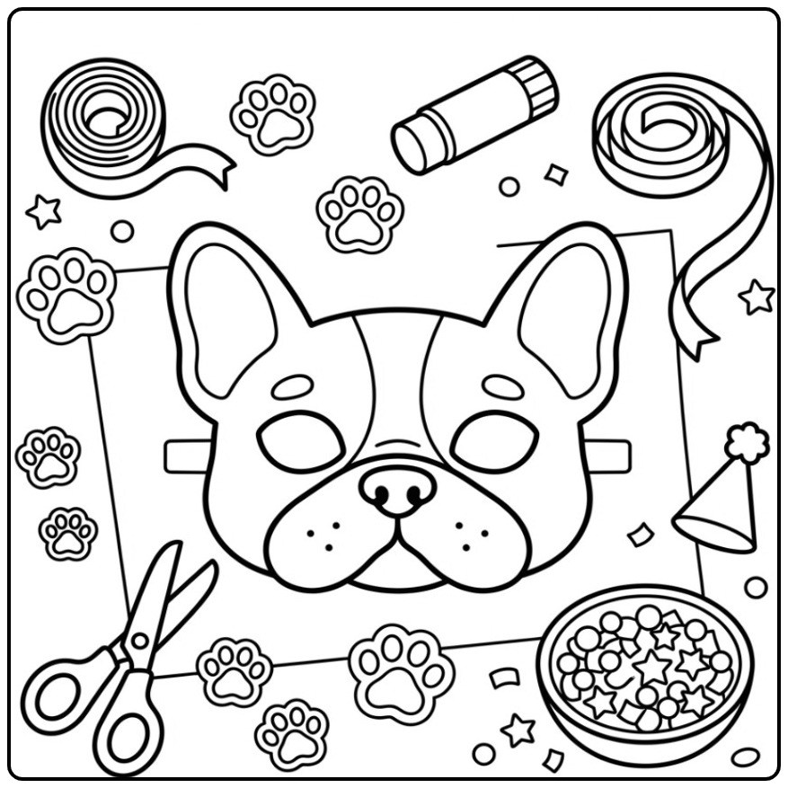 Een leuke Franse Bulldog honden masker kleurplaat met knutselspullen.