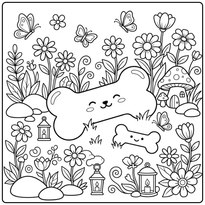 Ontspannen hondenbot kleurplaat in de natuur.