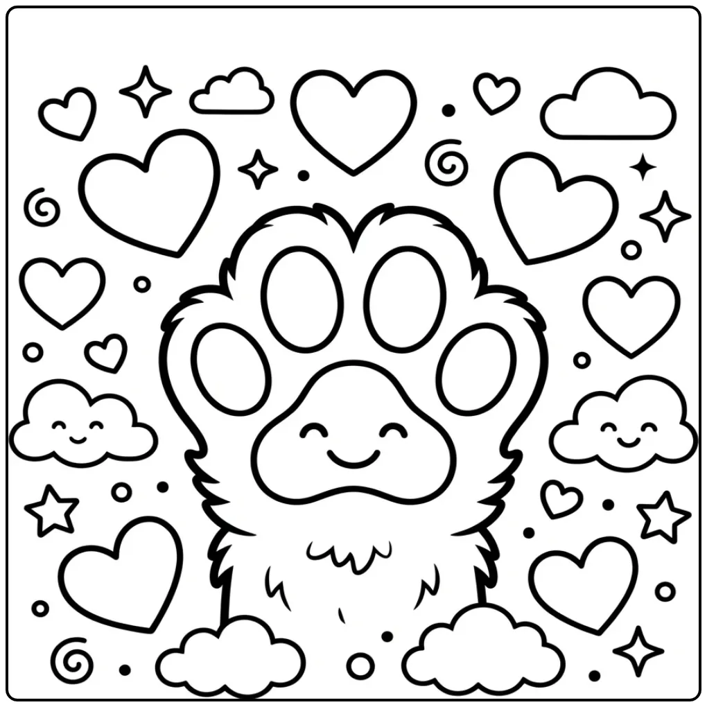Vrolijke hondenpoot kleurplaat met sterren en hartjes.