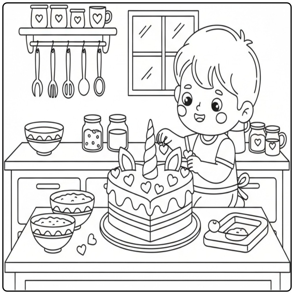 Een jongen versiert een Kleurplaat unicorn taart met hartjes.