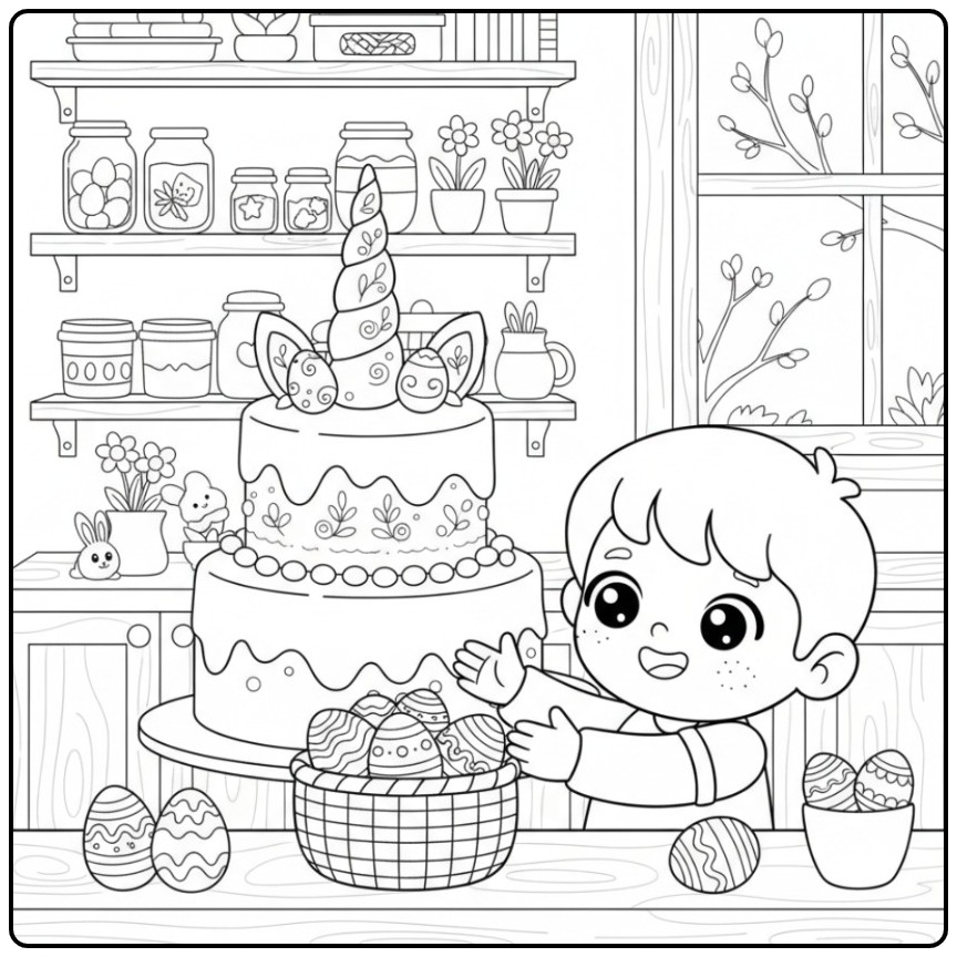 Jongen naast een feestelijke Kleurplaat unicorn paas taart