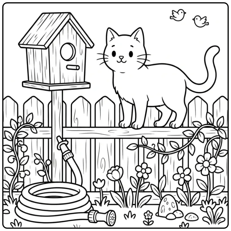 Schattige kat kleurplaat van een poes bij een vogelhuisje.