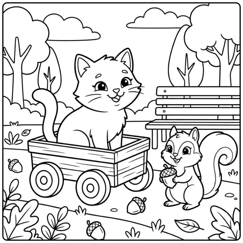 Een schattige kat kleurplaat met eekhoorn en karretje.