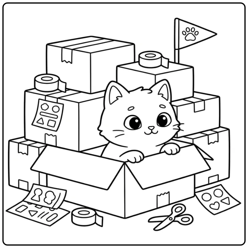 Een schattige kat kleurplaat spelend in dozen.