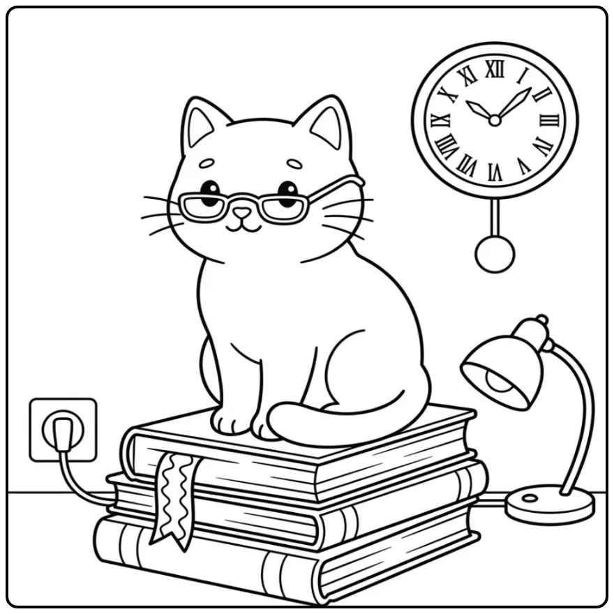 Een schattige kat kleurplaat zittend op boeken met een bril.