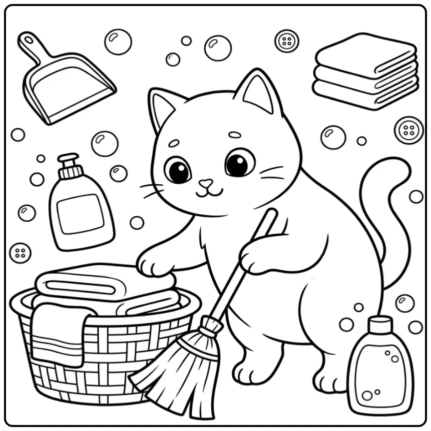 Een schattige kat kleurplaat die helpt met schoonmaken.