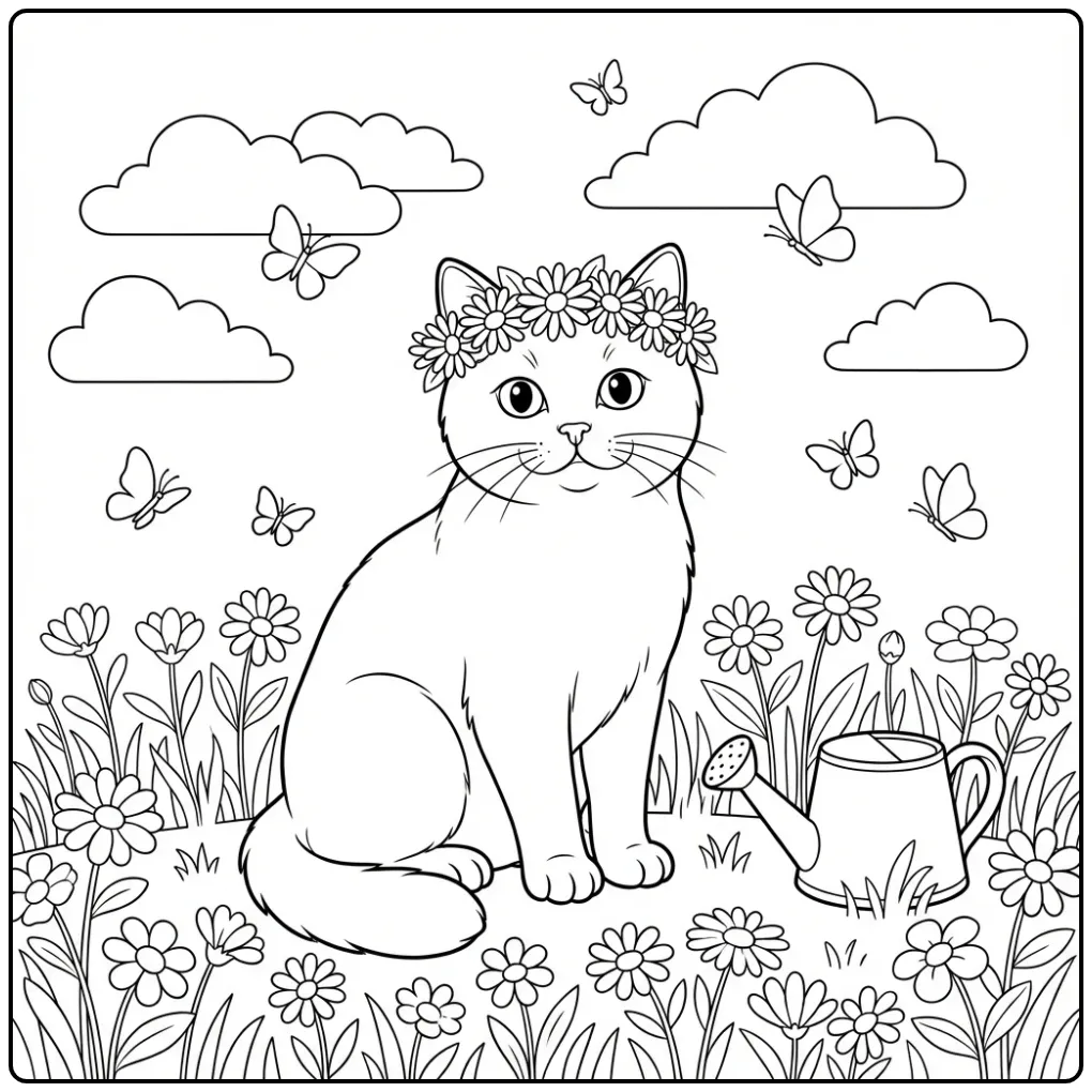 Schattige kat kleurplaat met bloemenkroon en vlinders.