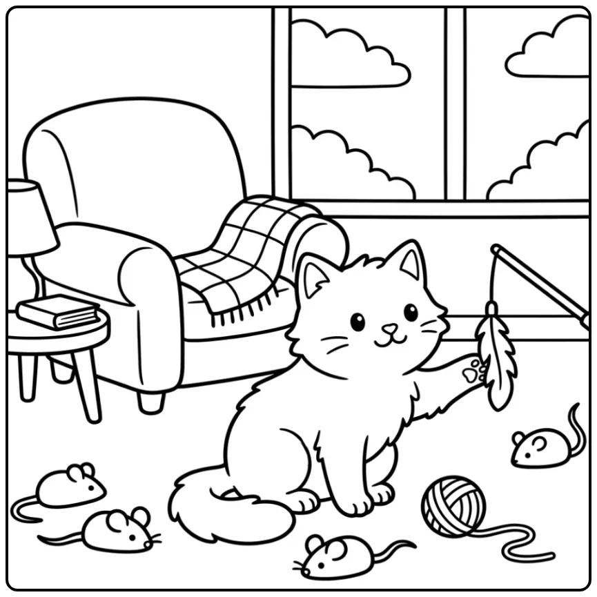 Speelse schattige kat kleurplaat in de woonkamer.