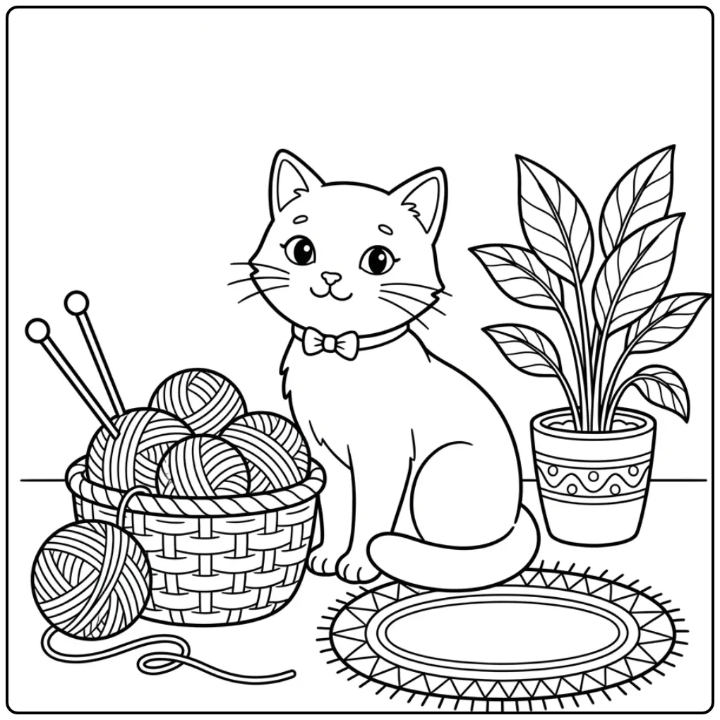 Lieve schattige kat kleurplaat naast mandje wol en planten.