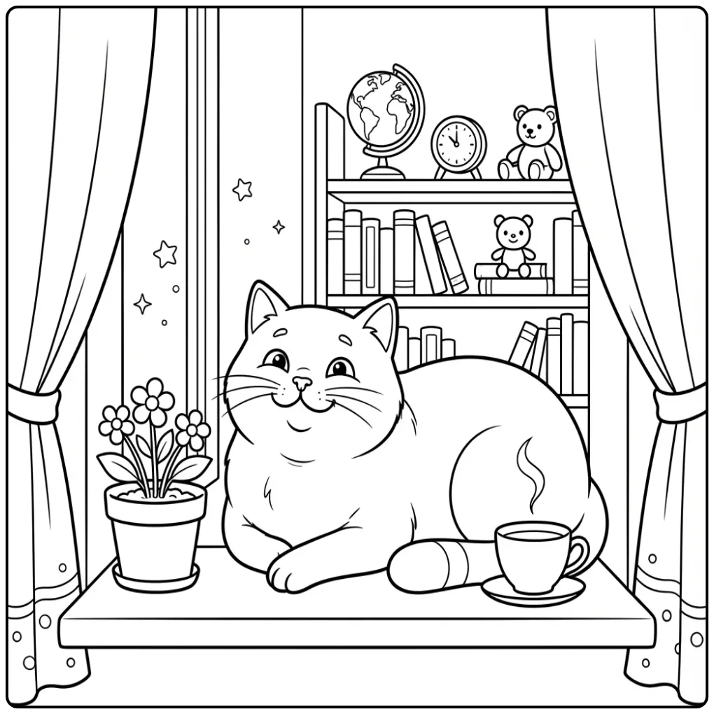 Een ontspannen schattige kat kleurplaat bij het raam.