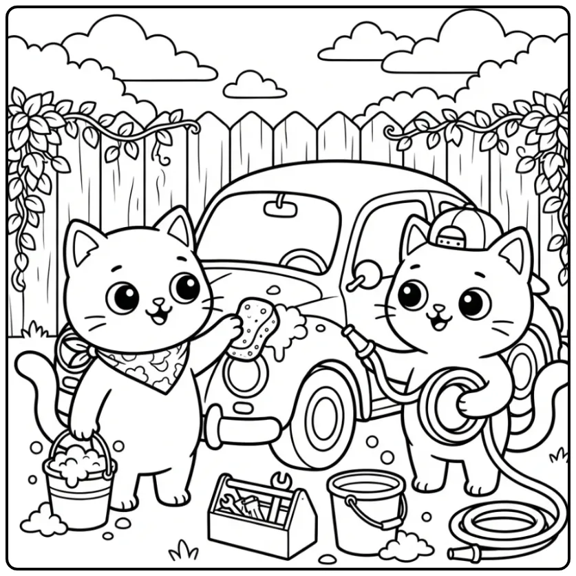 Een leuke katten kleurplaat van twee poezen die een auto wassen.