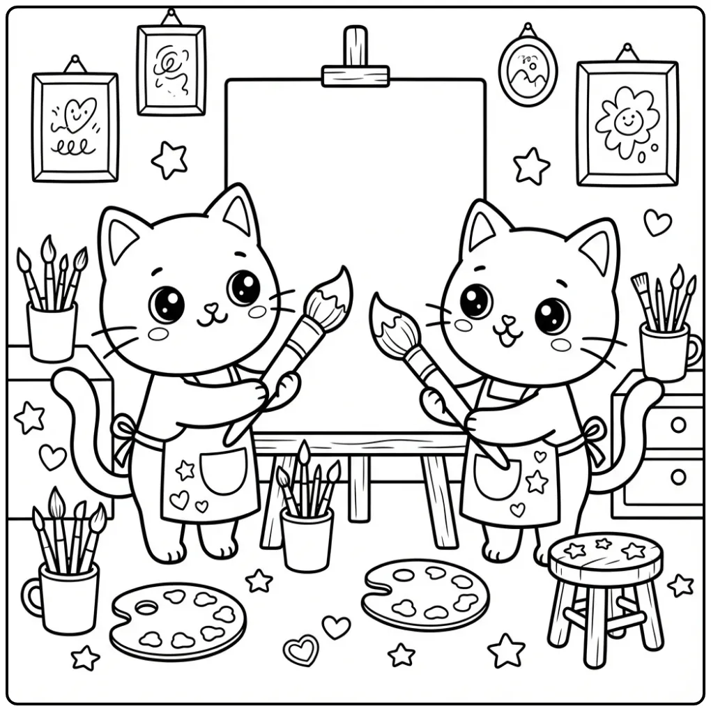 Twee schilderende katten kleurplaat met kwasten en verf.