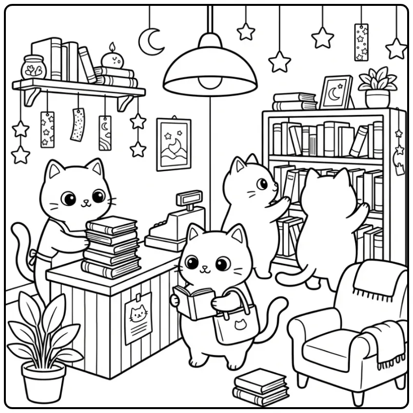 Katten kleurplaat met vier poezen in een knusse boekhandel.