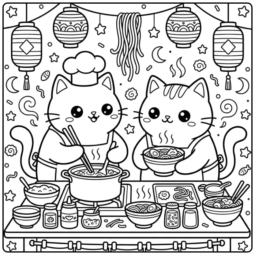 Kawaii katten kleurplaat die samen ramen noedels koken.