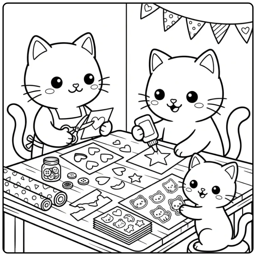 Creatieve katten kleurplaat met knutselende poesjes.