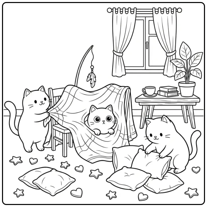 Katten kleurplaat van drie poezen die een fort bouwen.