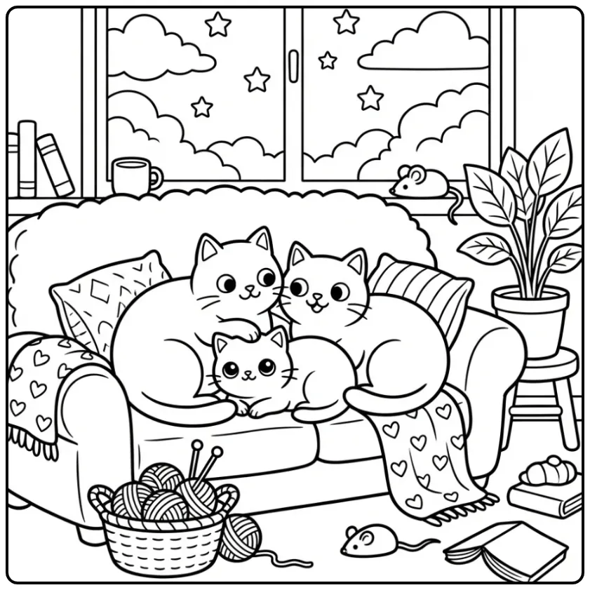 Gezellige katten kleurplaat van familie op de bank.