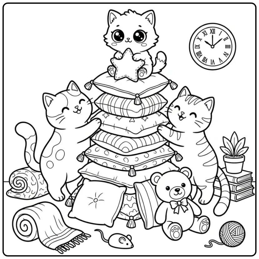 Katten kleurplaat van familie die kussens stapelt.