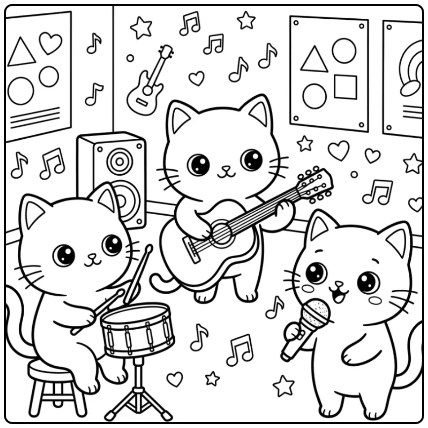 Muzikale katten kleurplaat met gitaar en drums.