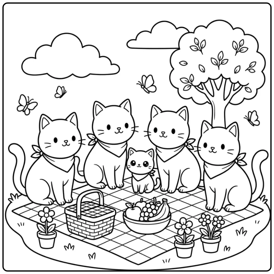 Picknickende katten kleurplaat met een schattige kitten.