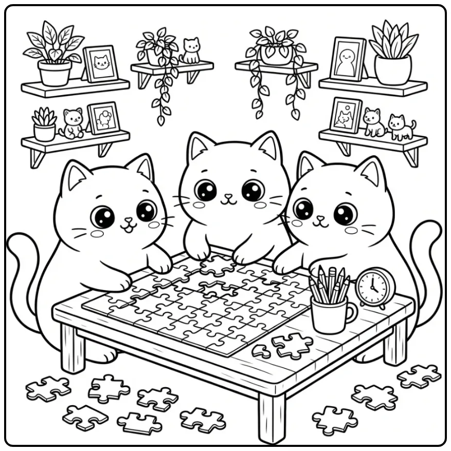 Drie puzzelende poezen op deze leuke katten kleurplaat.