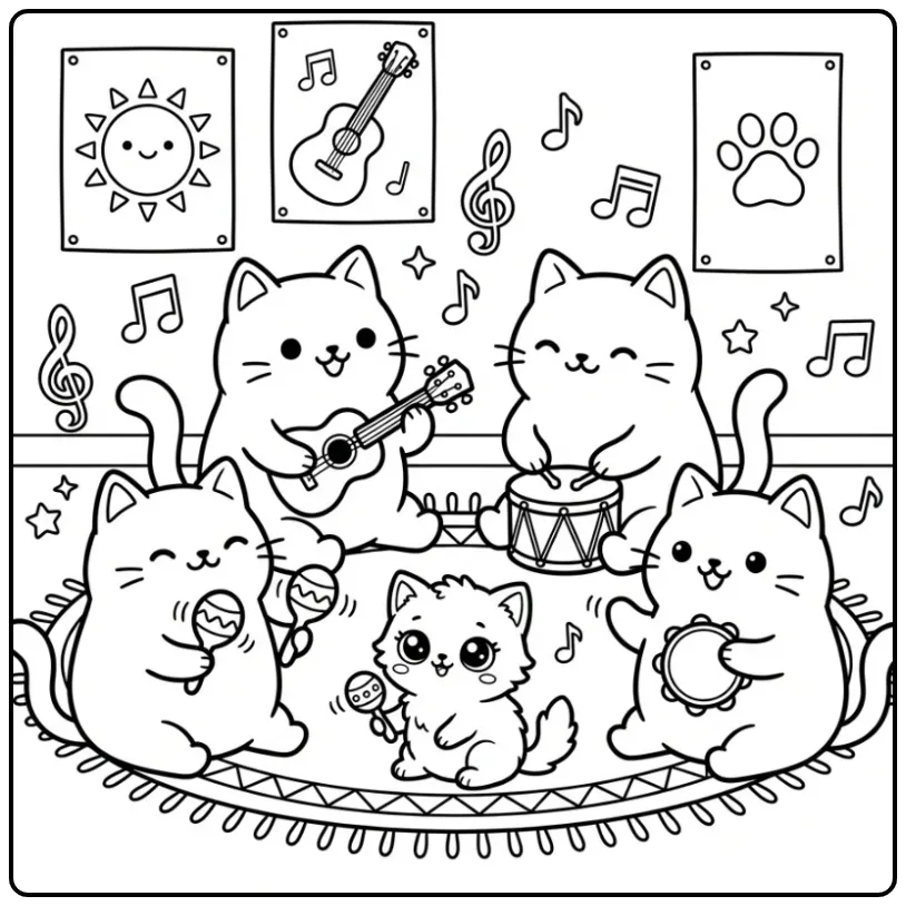 Muzikale katten kleurplaat met instrumenten en een kitten.
