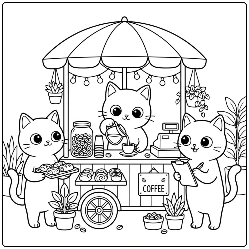 Leuke katten kleurplaat met koffiekar en gebakjes.