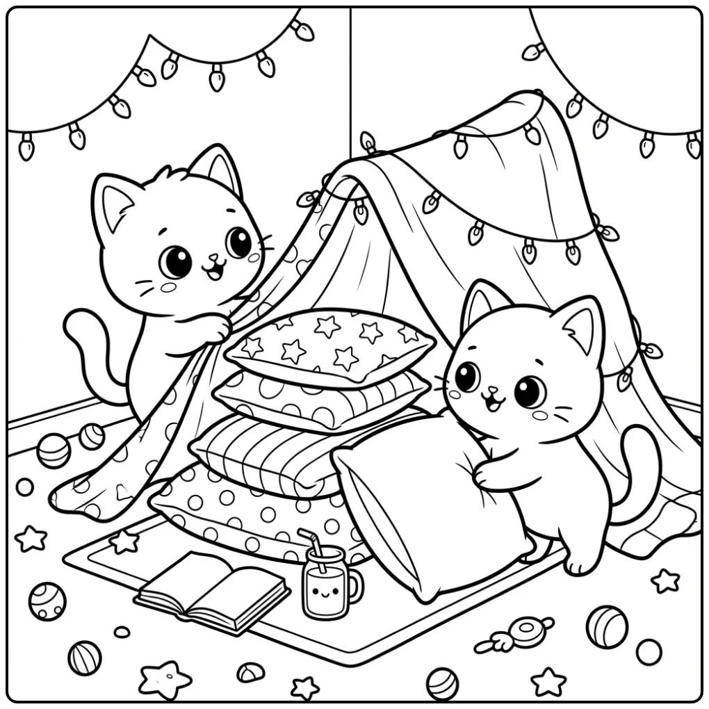 Twee poezen in kussenfort, een kawaii kleurplaat kitten.