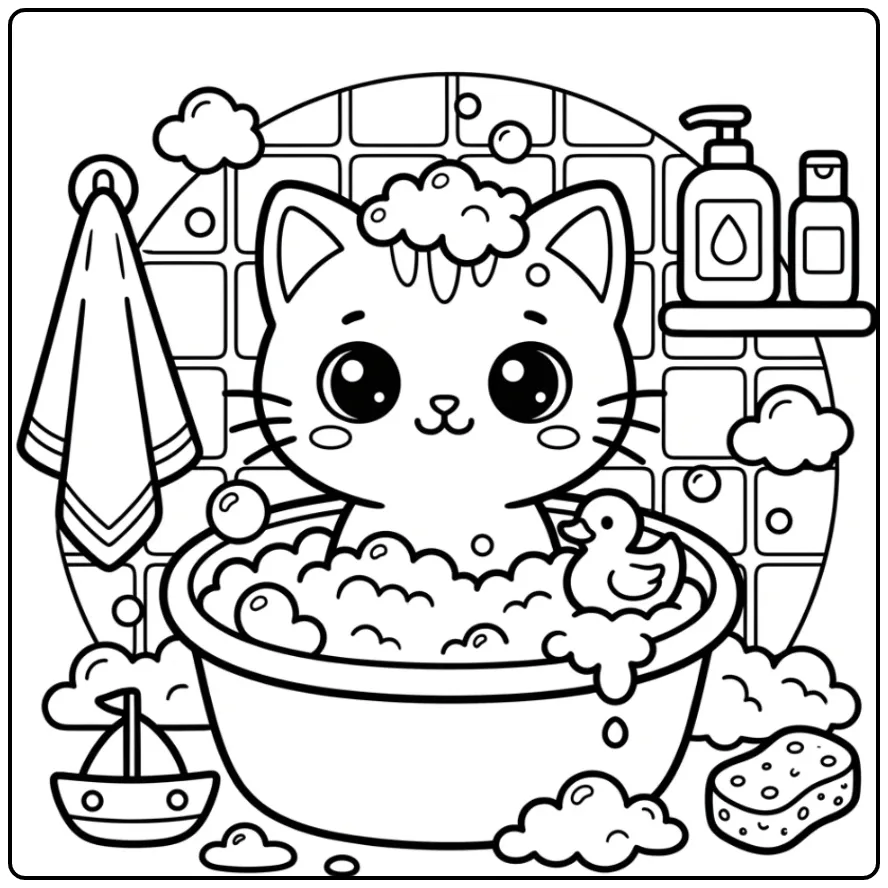 Een lieve kawaii kleurplaat kitten in een badje met bubbels