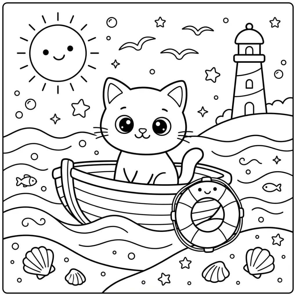 Printbare kawaii kleurplaat kitten in een bootje op zee