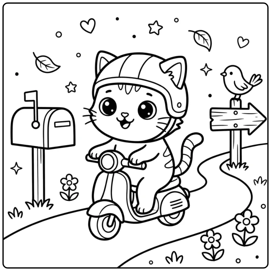 Een vrolijke kawaii kleurplaat kitten op een kleine scooter.