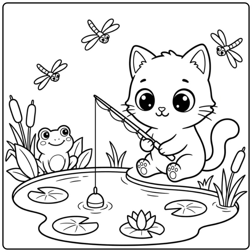 Een vissende kawaii kleurplaat kitten bij een vijver met kikker.