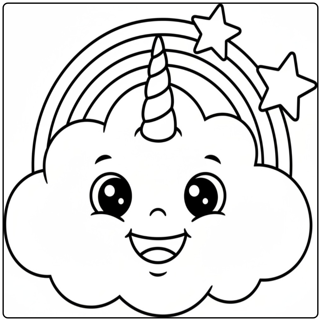 Een lachende wolk met een unicorn hoorn kleurplaat en sterren.