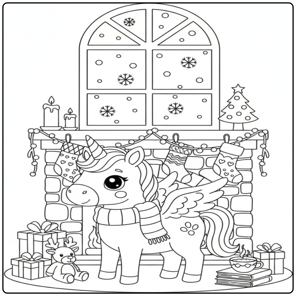 Gezellige Kerstkleurplaat eenhoorn met vleugels bij de haard.