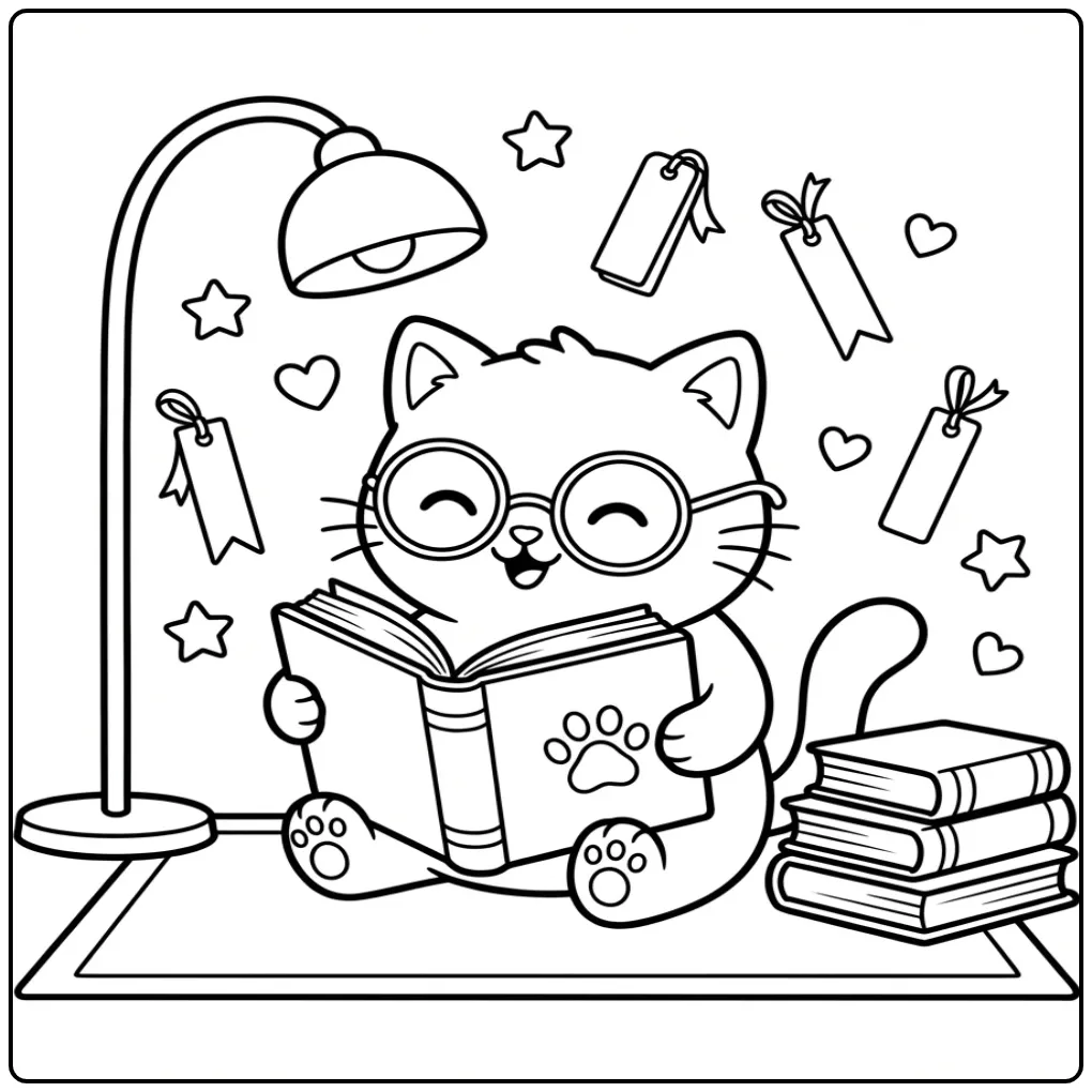 Een kitten kleurplaat makkelijk met sterren en boeken.