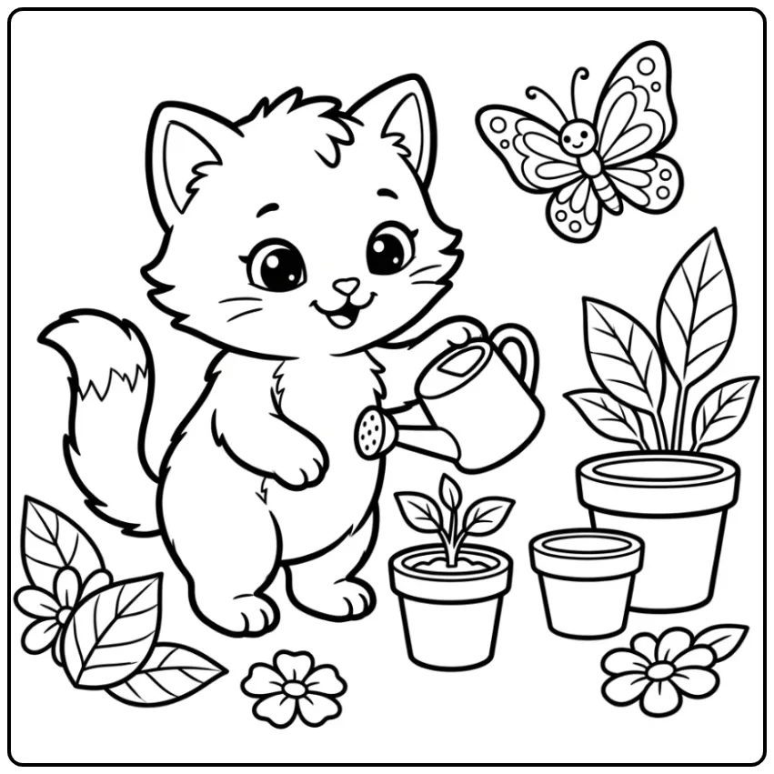 Eenvoudige kitten kleurplaat makkelijk in de tuin