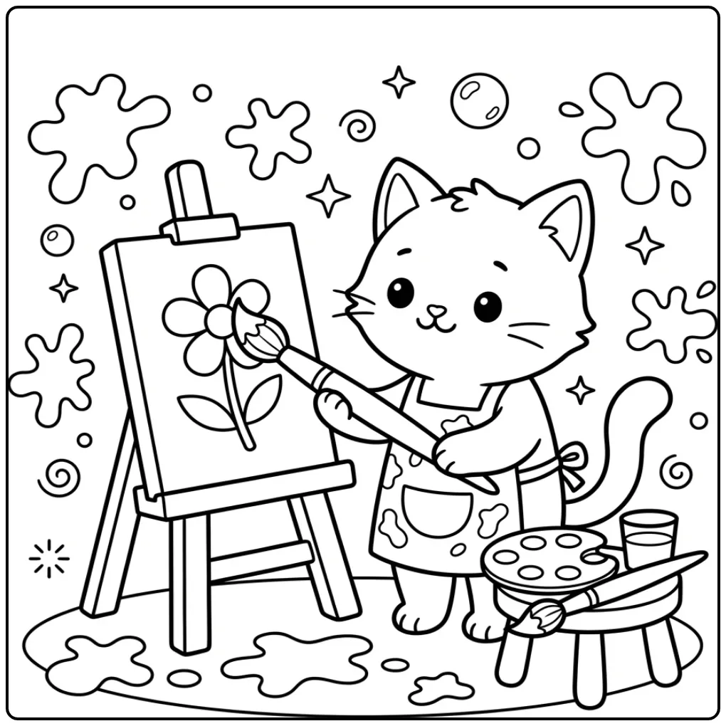 Speelse kitten kleurplaat makkelijk met ezel en verfkwasten