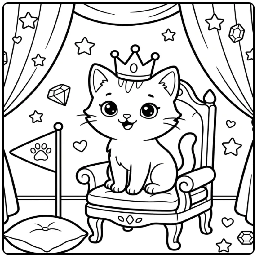 Een koninklijke kitten kleurplaat makkelijk met kroon en troon.
