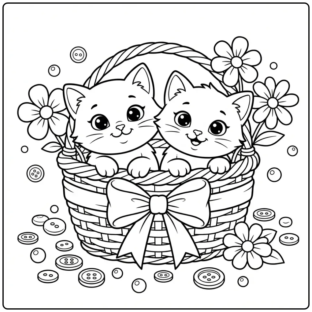 Leuke kitten kleurplaat makkelijk van poesjes in een mandje.