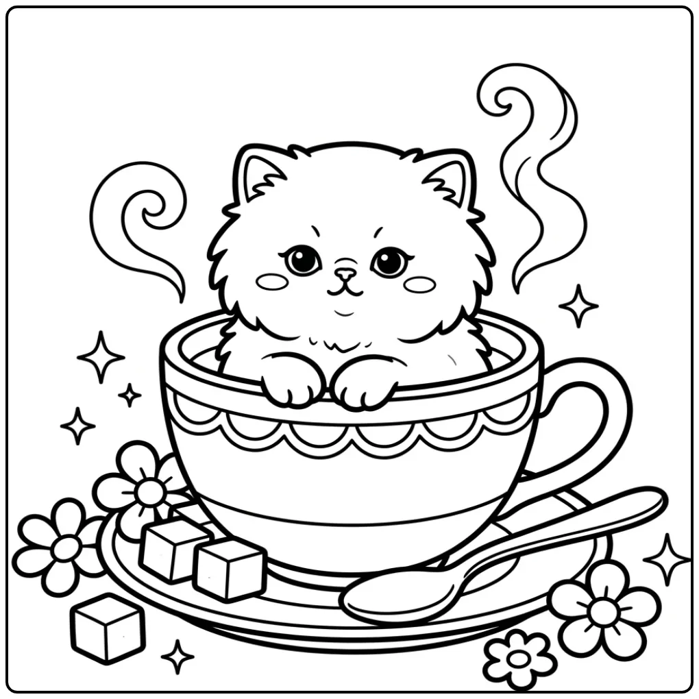 Kitten kleurplaat makkelijk: pluizig katje in een theekopje.