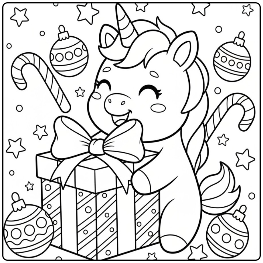 Vrolijke Kleurplaat baby unicorn Kerstmis met een groot cadeau.