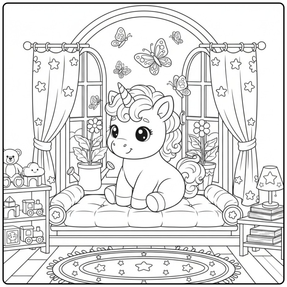 Kleurplaat baby unicorn met vlinders zittend op een bankje.