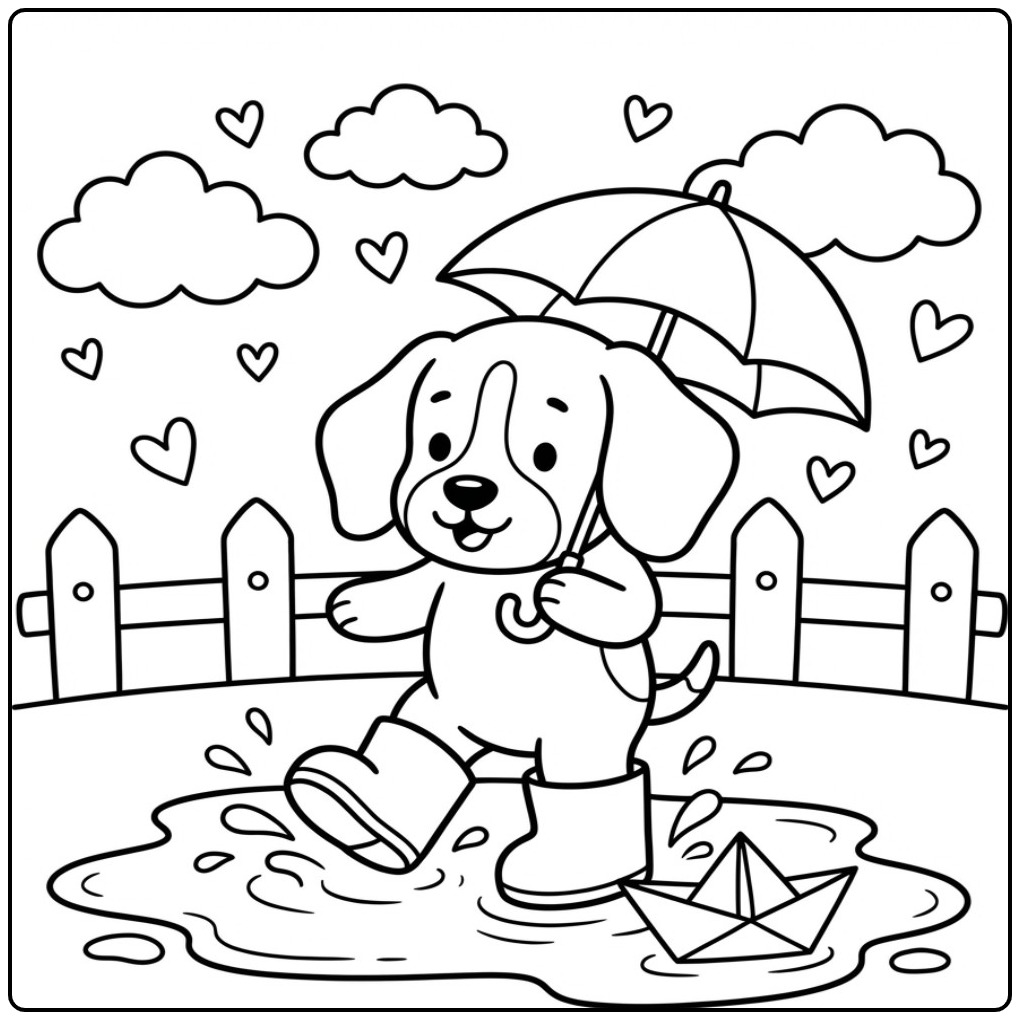 Een vrolijke kleurplaat beagle met een paraplu in de regen.