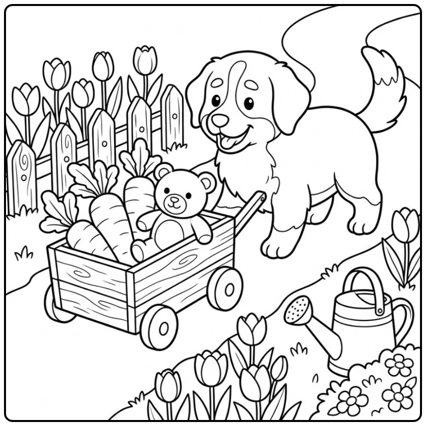 Vrolijke kleurplaat berner sennenhond met een wagen vol wortels.