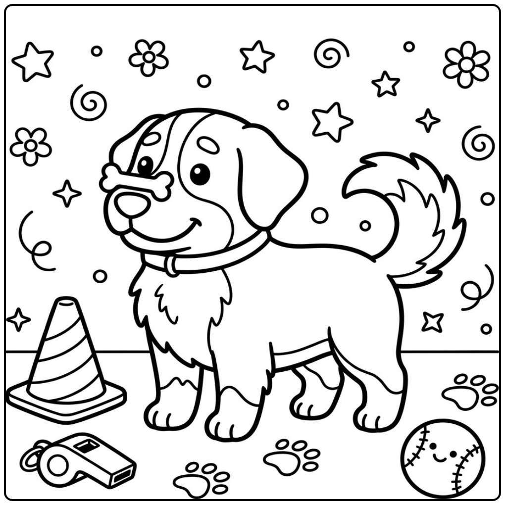 Een vrolijke kleurplaat berner sennenhond met speelgoed.