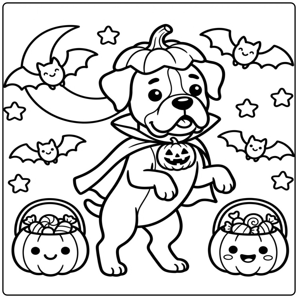 Een leuke kleurplaat boxer hond verkleed voor Halloween.