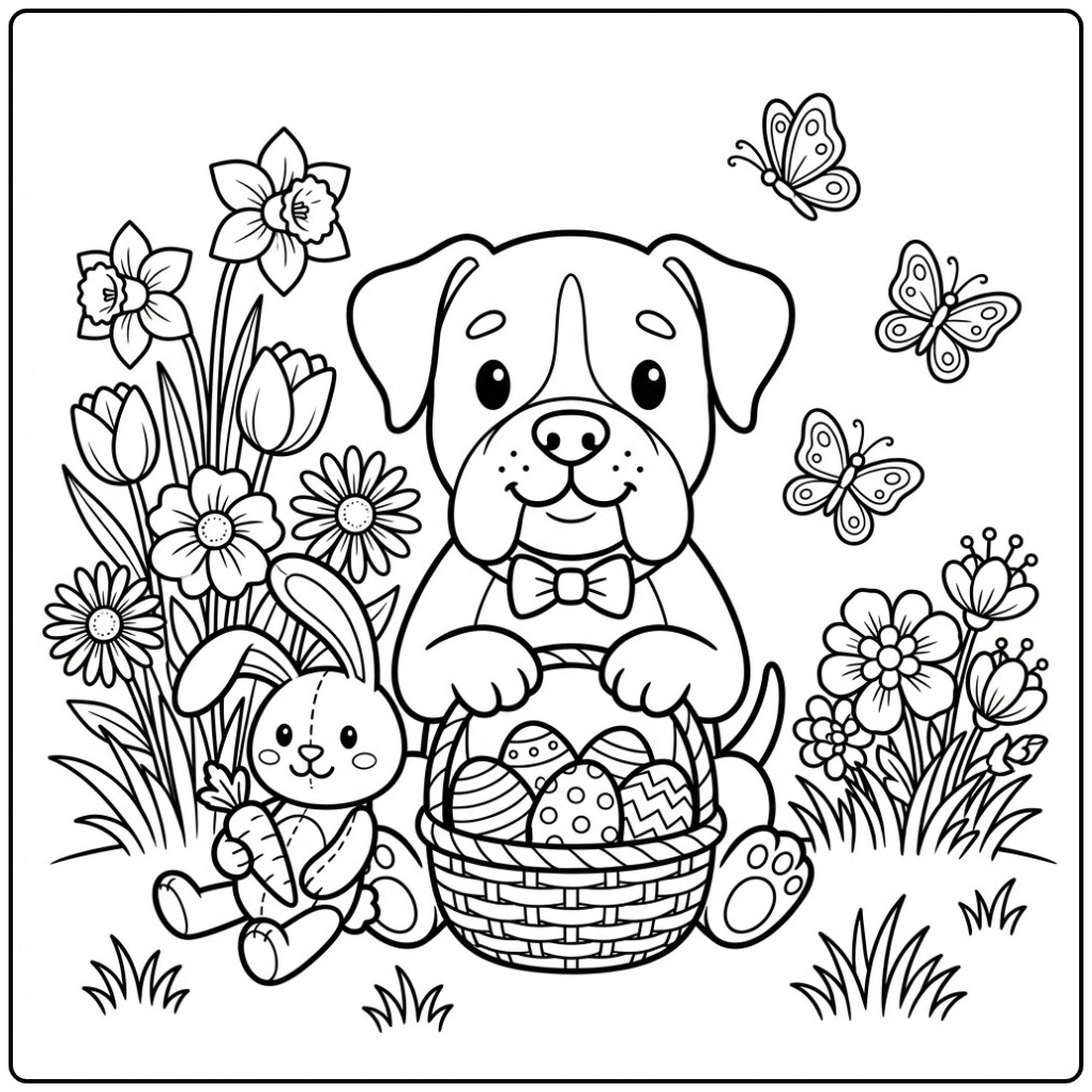 Vrolijke Pasen kleurplaat boxer hond met eieren en bloemen.